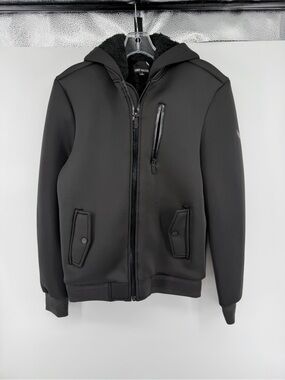 Gorpcore Techwear Stone Falcon Black Hooded Bomber Jacket w/Sherpa Lining SzS